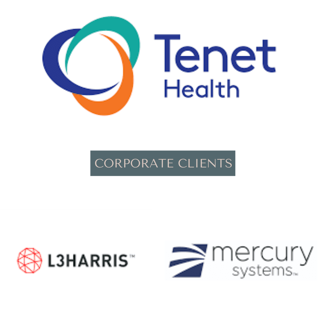 Logos for Tenet Health, L3Harris, and Mercury Systems